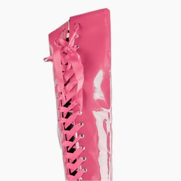 Make Offer! Golden Shiny Patent Pink Lace-Up Platform Lucite Clear Heel Boots - Picture 3 of 5